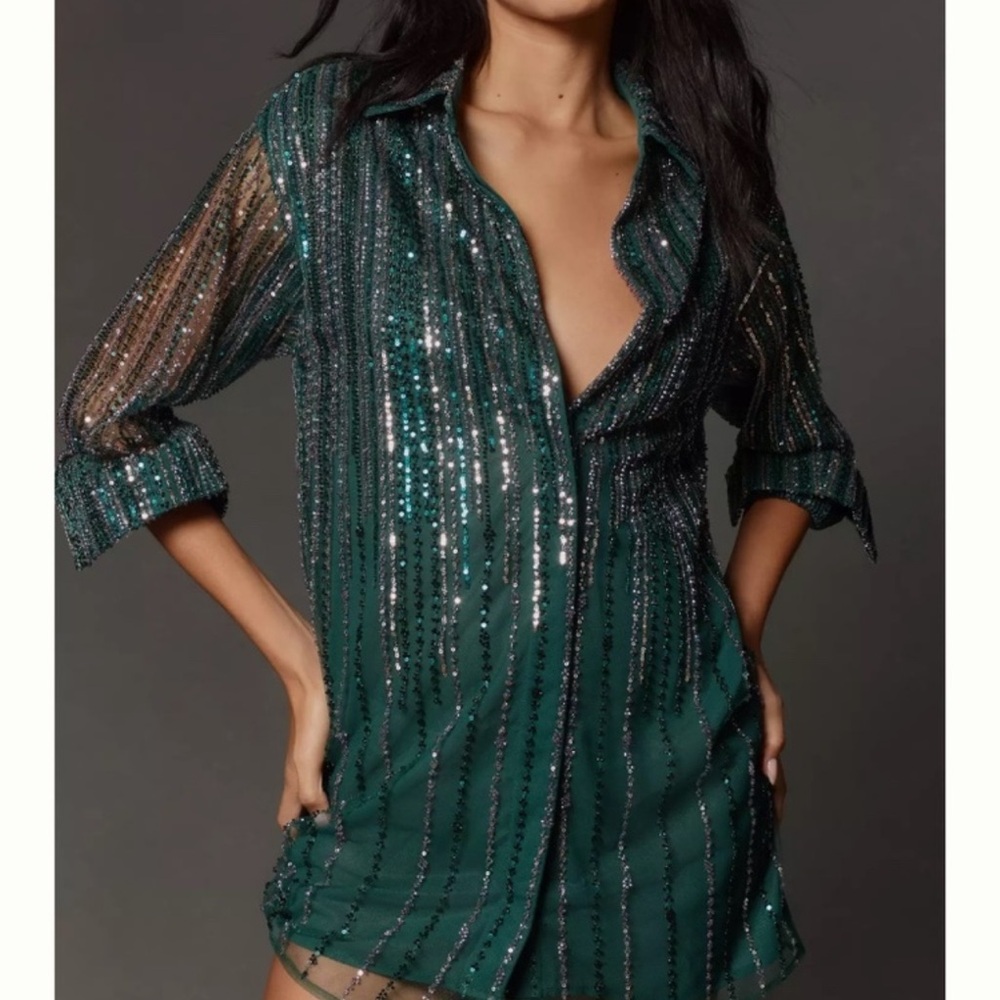 Anthropologie Green Sequin Mini Dress